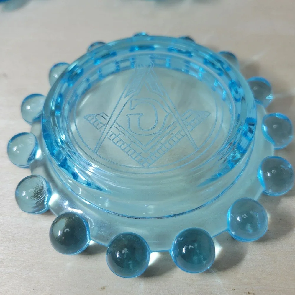 4 Vintage‎ Blue Glass Coasters Bobble Border 1 has Masonic Etched Symbol